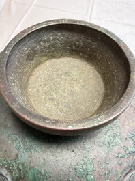 A large Chinese archaistic bronze wine vessel and cover with ram-form handles, Lei 罍, Ming