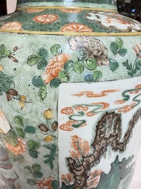 An impressive and fine pair of large Chinese famille verte 'Fishermen and Antiquities' rouleau vases, seal marks, Kangxi