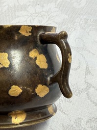 A Chinese gold-splashed bronze censer with two handles, Xuande mark, 18th C.