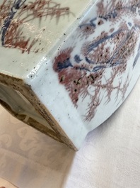 A Chinese blue, white and copper-red 'Birds among Flowering Branches' square gourd vase, 19th C.
