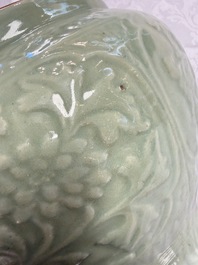 A fine large Chinese Longquan celadon 'Floral' jar, Ming