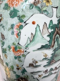 An impressive and fine pair of large Chinese famille verte 'Fishermen and Antiquities' rouleau vases, seal marks, Kangxi