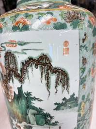 An impressive and fine pair of large Chinese famille verte 'Fishermen and Antiquities' rouleau vases, seal marks, Kangxi