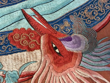A large and fine Chinese embroidered silk 'Xi Wang Mu and Immortals' panel, 19th C.
