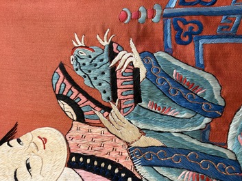 A large and fine Chinese embroidered silk 'Xi Wang Mu and Immortals' panel, 19th C.