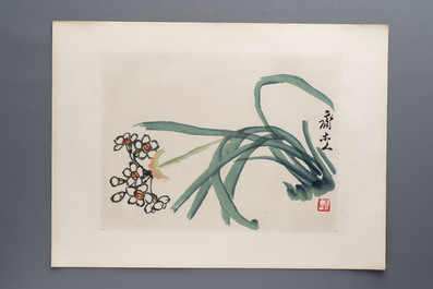 'Gravures sur Bois de la Chine Nouvelle': 40 woodcuts, dated 1956, and 'Baishi Lao Ren Hua Ce': 7 woodblock prints after Qi Baishi, Rong Bao Zhai 荣宝斋 studio, 20th C.