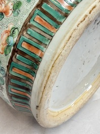 An impressive and fine pair of large Chinese famille verte 'Fishermen and Antiquities' rouleau vases, seal marks, Kangxi