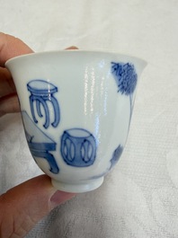 Three Chinese blue and white 'Erotic' wine cups, Yan Shui Yu Shi Zhi Zhen and Chenghua mark, Kangxi