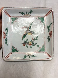 A set of five Chinese wucai Ko-Sometsuke square 'Crane' dishes for the Japanese market, with a tomobako, Tianqi
