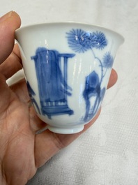 Three Chinese blue and white 'Erotic' wine cups, Yan Shui Yu Shi Zhi Zhen and Chenghua mark, Kangxi