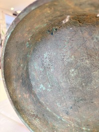 A large Chinese archaistic bronze wine vessel and cover with ram-form handles, Lei 罍, Ming