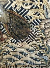 A pair of Chinese embroidered silk 'Civil Ninth-Rank' badges and a pair of kesi 'Civil Fifth-Rank' badges, Qing