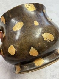 A Chinese gold-splashed bronze censer with two handles, Xuande mark, 18th C.