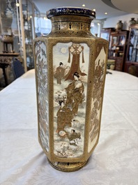 A fine Japanese Satsuma hexagonal vase with narrative design, Kinkozan 錦光山 mark, Meiji, 19th C.