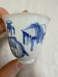 Three Chinese blue and white 'Erotic' wine cups, Yan Shui Yu Shi Zhi Zhen and Chenghua mark, Kangxi