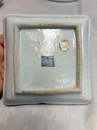A set of five Chinese wucai Ko-Sometsuke square 'Crane' dishes for the Japanese market, with a tomobako, Tianqi
