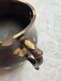 A Chinese gold-splashed bronze censer with two handles, Xuande mark, 18th C.