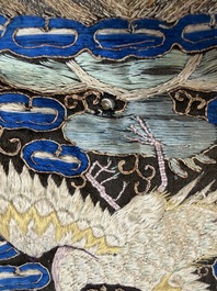 A pair of Chinese embroidered silk 'Civil Ninth-Rank' badges and a pair of kesi 'Civil Fifth-Rank' badges, Qing