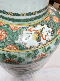 An impressive and fine pair of large Chinese famille verte 'Fishermen and Antiquities' rouleau vases, seal marks, Kangxi