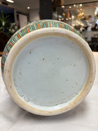 An impressive and fine pair of large Chinese famille verte 'Fishermen and Antiquities' rouleau vases, seal marks, Kangxi