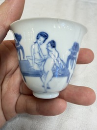 Three Chinese blue and white 'Erotic' wine cups, Yan Shui Yu Shi Zhi Zhen and Chenghua mark, Kangxi