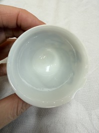 Three Chinese blue and white 'Erotic' wine cups, Yan Shui Yu Shi Zhi Zhen and Chenghua mark, Kangxi