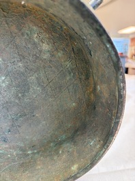 A large Chinese archaistic bronze wine vessel and cover with ram-form handles, Lei 罍, Ming