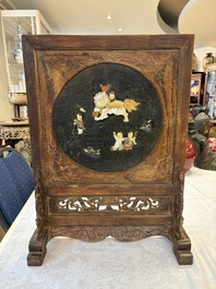 A Chinese huali and lacquer table screen embellished with stones and mother-of-pearl, Yongzheng mark, dated 1727, probably later.