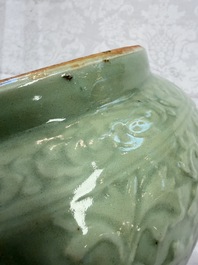 A fine large Chinese Longquan celadon 'Floral' jar, Ming