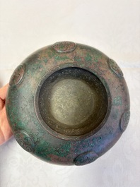 A large Chinese archaistic bronze wine vessel and cover with ram-form handles, Lei 罍, Ming