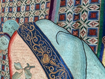 A large and fine Chinese embroidered silk 'Xi Wang Mu and Immortals' panel, 19th C.
