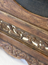 A Chinese huali and lacquer table screen embellished with stones and mother-of-pearl, Yongzheng mark, dated 1727, probably later.