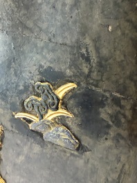 A Chinese huali and lacquer table screen embellished with stones and mother-of-pearl, Yongzheng mark, dated 1727, probably later.