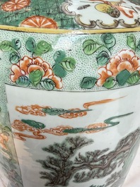An impressive and fine pair of large Chinese famille verte 'Fishermen and Antiquities' rouleau vases, seal marks, Kangxi