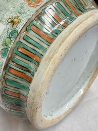 An impressive and fine pair of large Chinese famille verte 'Fishermen and Antiquities' rouleau vases, seal marks, Kangxi