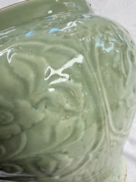 A fine large Chinese Longquan celadon 'Floral' jar, Ming