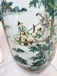 An impressive and fine pair of large Chinese famille verte 'Fishermen and Antiquities' rouleau vases, seal marks, Kangxi