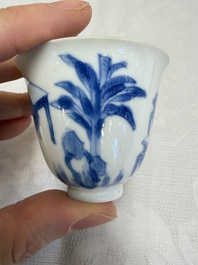 Three Chinese blue and white 'Erotic' wine cups, Yan Shui Yu Shi Zhi Zhen and Chenghua mark, Kangxi