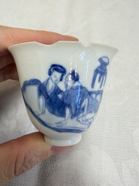 Three Chinese blue and white 'Erotic' wine cups, Yan Shui Yu Shi Zhi Zhen and Chenghua mark, Kangxi