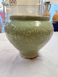 A fine large Chinese Longquan celadon 'Floral' jar, Ming