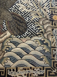 A pair of Chinese embroidered silk 'Civil Ninth-Rank' badges and a pair of kesi 'Civil Fifth-Rank' badges, Qing