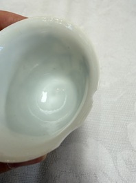 Three Chinese blue and white 'Erotic' wine cups, Yan Shui Yu Shi Zhi Zhen and Chenghua mark, Kangxi
