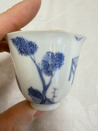 Three Chinese blue and white 'Erotic' wine cups, Yan Shui Yu Shi Zhi Zhen and Chenghua mark, Kangxi