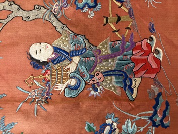 A large and fine Chinese embroidered silk 'Xi Wang Mu and Immortals' panel, 19th C.