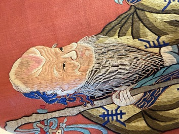 A large and fine Chinese embroidered silk 'Xi Wang Mu and Immortals' panel, 19th C.