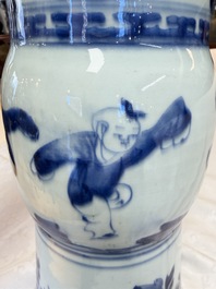 A pair of large Chinese blue and white 'Gu' vases with elegant ladies and playing boys, Kangxi