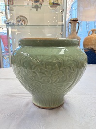A fine large Chinese Longquan celadon 'Floral' jar, Ming