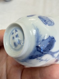 Three Chinese blue and white 'Erotic' wine cups, Yan Shui Yu Shi Zhi Zhen and Chenghua mark, Kangxi