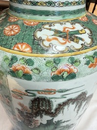 An impressive and fine pair of large Chinese famille verte 'Fishermen and Antiquities' rouleau vases, seal marks, Kangxi