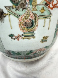 An impressive and fine pair of large Chinese famille verte 'Fishermen and Antiquities' rouleau vases, seal marks, Kangxi